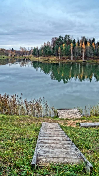 Güzel sonbahar orman göl sakin yüzeyine yansıtılır. Sarı yeşil yeşillik
