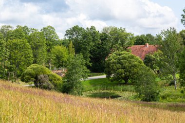 Kırsal kesimde küçük gölet kenarındaki ev