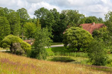 Kırsal kesimde küçük gölet kenarındaki ev