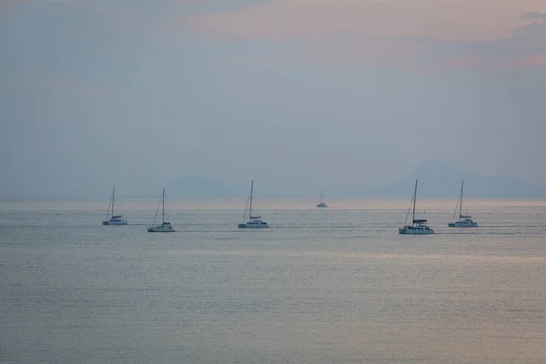 Coucher Lever Soleil Avec Des Yachts Sur Île Santorin Grèce — Photo