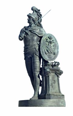 Saint-Petersburg 'daki Rus Başkomutan Alexander Suvorov anıtı. Suvorov, Savaş Tanrısı Mars 'ın alegorik görünümünde resmedilmiştir. Whit 'te izole edilmiş