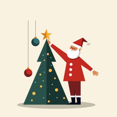 Noel Baba her zaman yeşil olan bir Noel ağacının tepesine altın yıldız takıyor. Şenlikli tatil konsepti