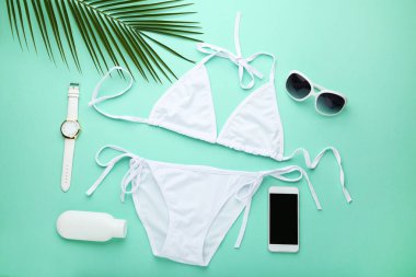 Palmiye yaprağı ve aksesuarları nane arka plan üzerinde beyaz mayo