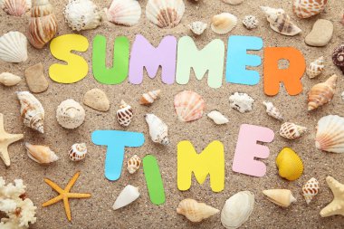 Deniz kabuğu Plajı kum üzerinde yazıt yaz zamanla