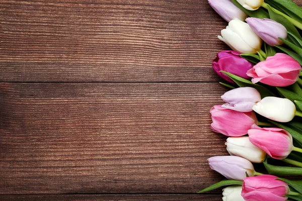 Bouquet Tulips Brown Wooden Table — Stock Photo, Image