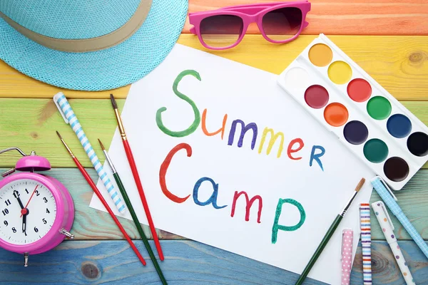 Inscription Summer Camp Alarm Clock Sunglasses Wooden Table — Stock Photo, Image