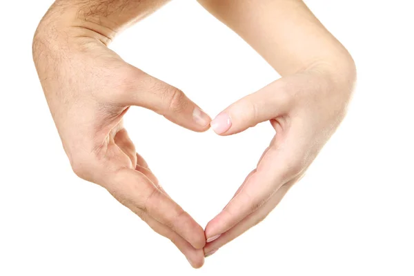 Weibliche Und Männliche Hand Herzform Auf Weißem Hintergrund — Stockfoto