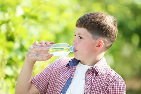 Young Boy Drinking Water Garden — Stock Photo, Image