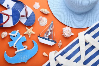 Turuncu zemin üzerine kabukları ile plaj aksesuarları