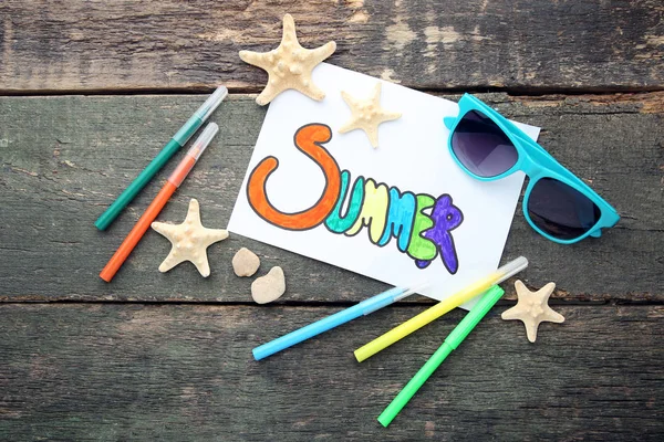 Inscription Summer Drawn Felt Pens Starfishes Grey Wooden Table — Stock Photo, Image