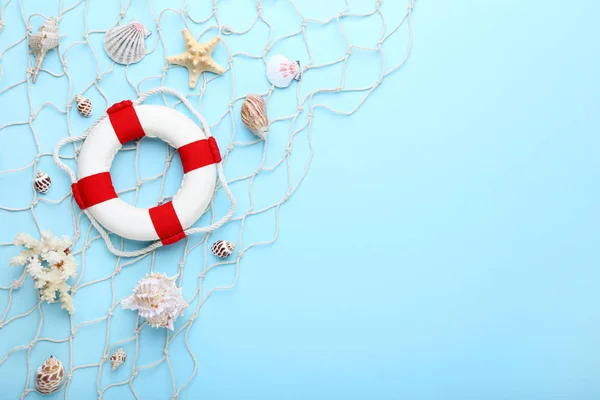 Seashells Lifebuoy Blue Background — Stock Photo, Image