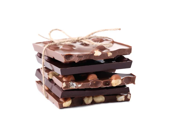 Chocolate Pieces Hazelnuts Isolated White Background — Stock Photo, Image
