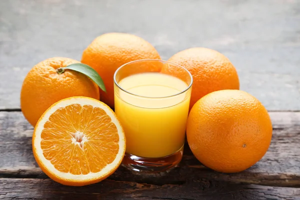 Oranges Glass Juice Grey Wooden Table — Stock Photo, Image