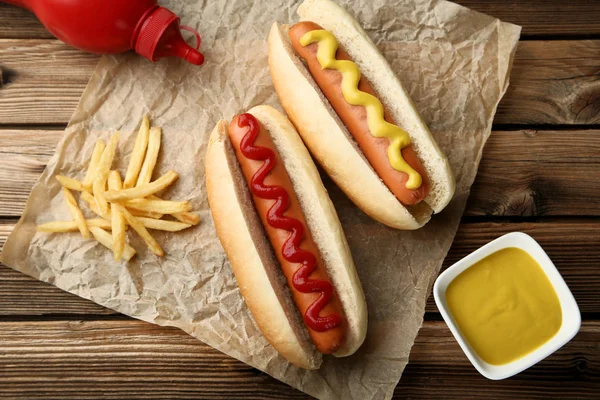 Hot Dogs Mustard Ketchup Wooden Table — Stock Photo, Image
