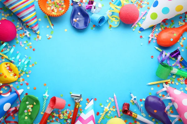 Birthday Party Caps Blowers Candles Blue Background — Stock Photo, Image
