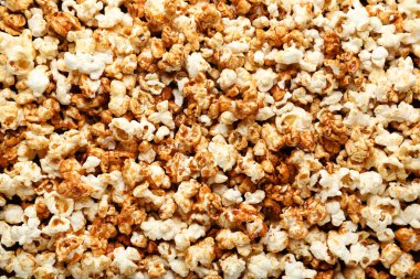 Karamelli patlamış mısır arka plan, gıda zemin 