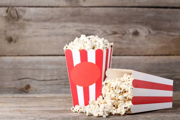 Popcorn Striped Buckets Wooden Table — Stock Photo, Image