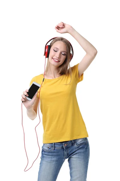 Jonge Vrouw Met Hoofdtelefoon Smartphone Witte Achtergrond — Stockfoto