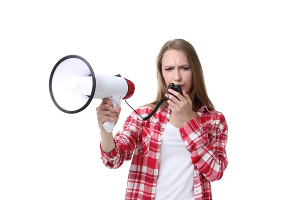 Mujer Joven Gritando Megáfono Sobre Fondo Blanco — Foto de Stock