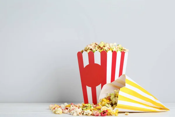 Sweet Popcorn Striped Bucket Paper Bag Grey Background — Stock Photo, Image