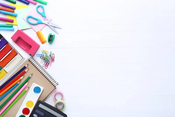 School Supplies White Wooden Table — Stock Photo, Image