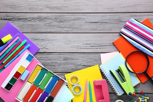 School Supplies Grey Wooden Table — Stock Photo, Image