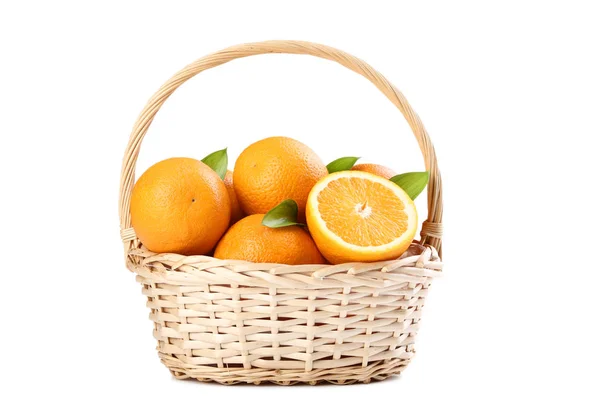 Orange Fruit Green Leafs Basket Isolated White Background — Stock Photo, Image