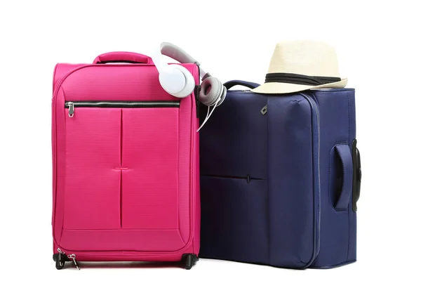 Suitcases Hat Headphones Isolated White Background — Stock Photo, Image