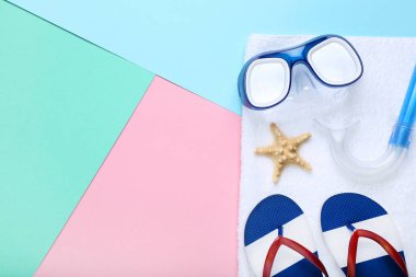 Renkli arka plan üzerinde deniz yıldızı ve dalış maske ile floplar flip