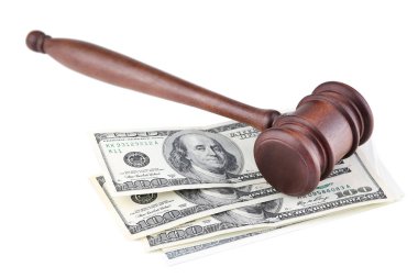Beyaz arka plan üzerinde dolarla yargıç tokmak