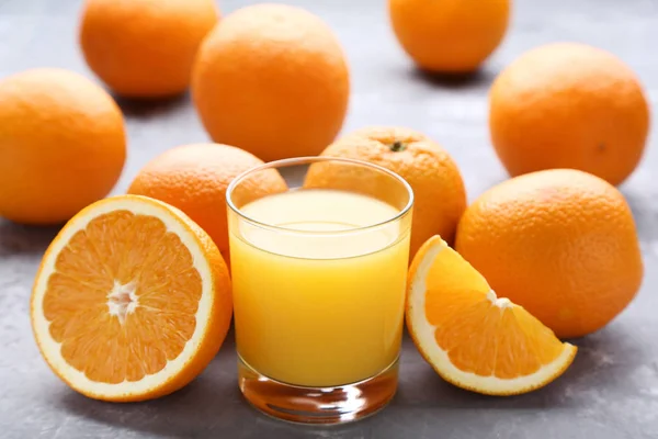 Orange Fruit Glass Juice Grey Wooden Table — Stock Photo, Image