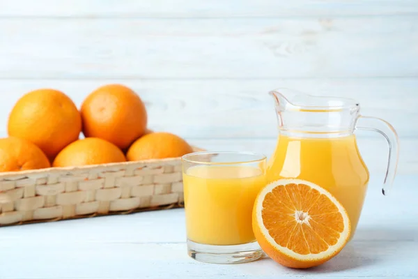 Orange Fruit Jug Glass Juice Wooden Table — Stock Photo, Image