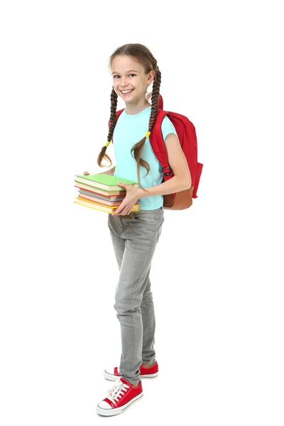 Junges Mädchen Mit Rucksack Und Büchern Auf Weißem Hintergrund — Stockfoto