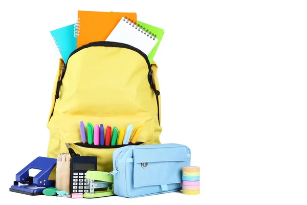 Gelber Rucksack Mit Schulmaterial Auf Weißem Hintergrund — Stockfoto