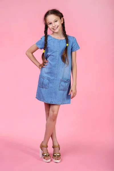 Young Girl Denim Dress Pink Background — Stock Photo, Image
