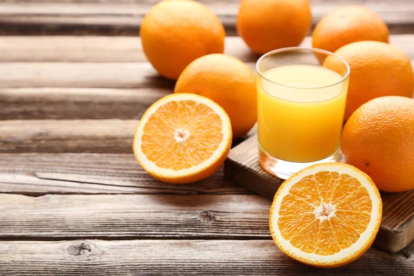 Orange Fruit Glass Juice Brown Wooden Table — Stock Photo, Image