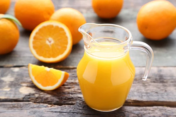 Orange Fruit Jug Juice Grey Wooden Table — Stock Photo, Image