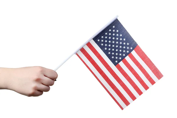Женщина Держит Американский Флаг Белом Фоне — стоковое фото