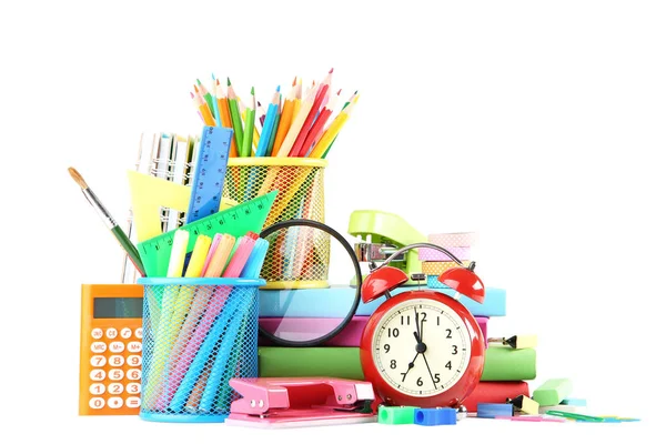 School Supplies Alarm Clock White Background — Stock Photo, Image