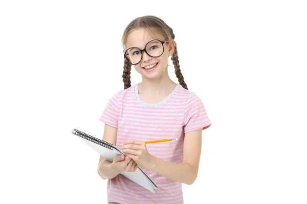 Young Girl Notebook Glasses White Background Stock Photo