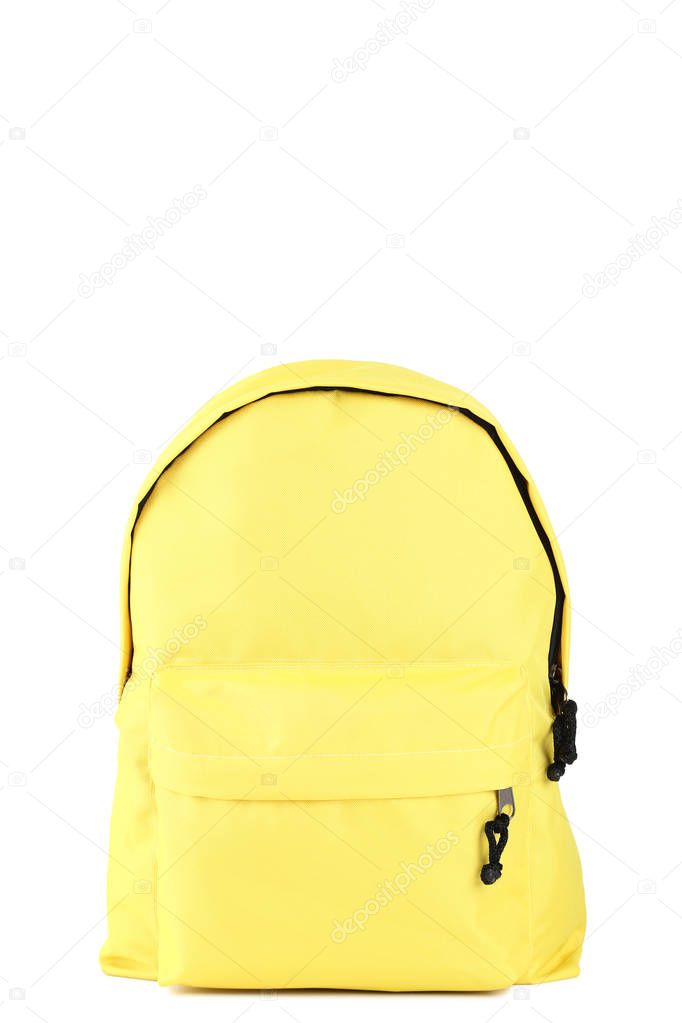 Yellow school backpack on white background