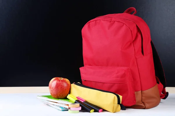 Red Backpack School Supplies Black Background — Stock Photo, Image