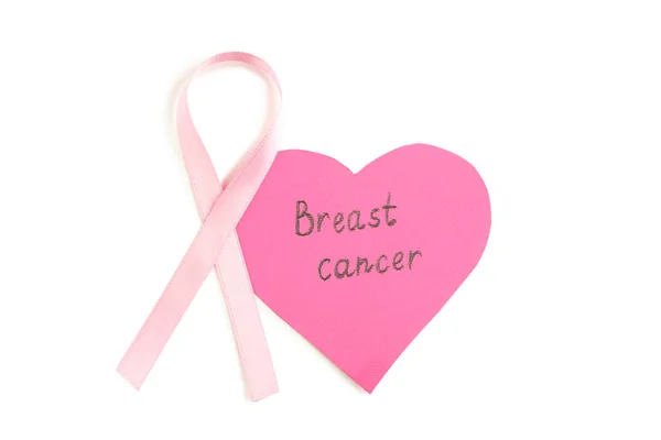Rosa Schleife Mit Der Aufschrift Brustkrebs Isoliert Auf Weißem Hintergrund — Stockfoto