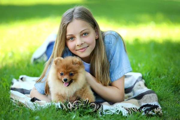 Junges Mädchen Mit Pommernhund Tagsüber Park — Stockfoto