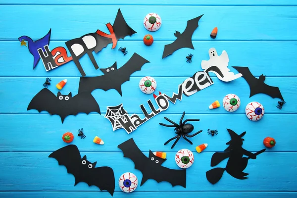 Halloween Calli Caramella Con Pipistrelli Ragni Tavolo Legno Blu — Foto Stock