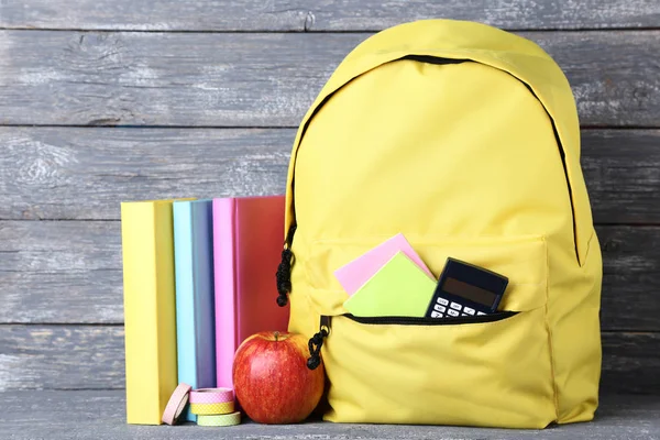 Yellow Backpack School Supplies Wooden Background — Stock Photo, Image