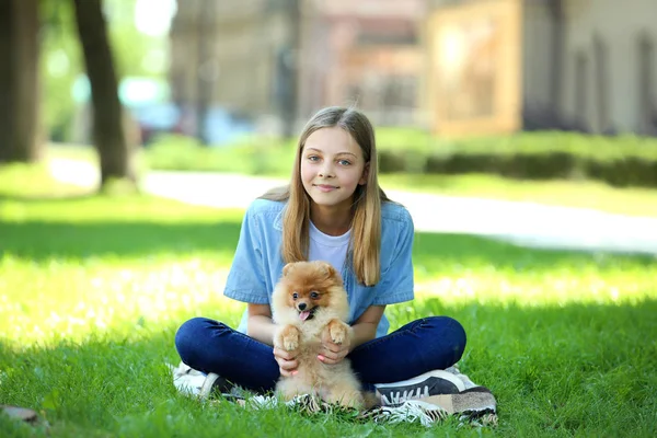 Ung Flicka Med Pomeranian Hund Parken Dagtid — Stockfoto