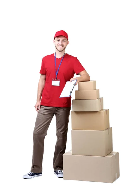 Entrega Homem Com Caixas Papelão Área Transferência Fundo Branco — Fotografia de Stock