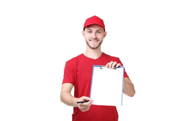 Uomo Consegna Uniforme Rossa Con Appunti Sfondo Bianco — Foto Stock