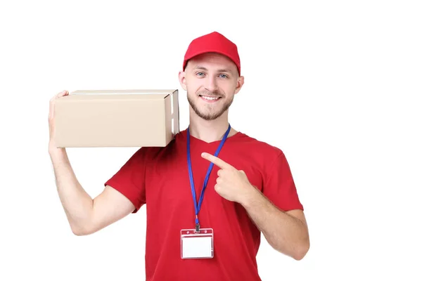 Entrega Homem Com Caixa Papelão Fundo Branco — Fotografia de Stock